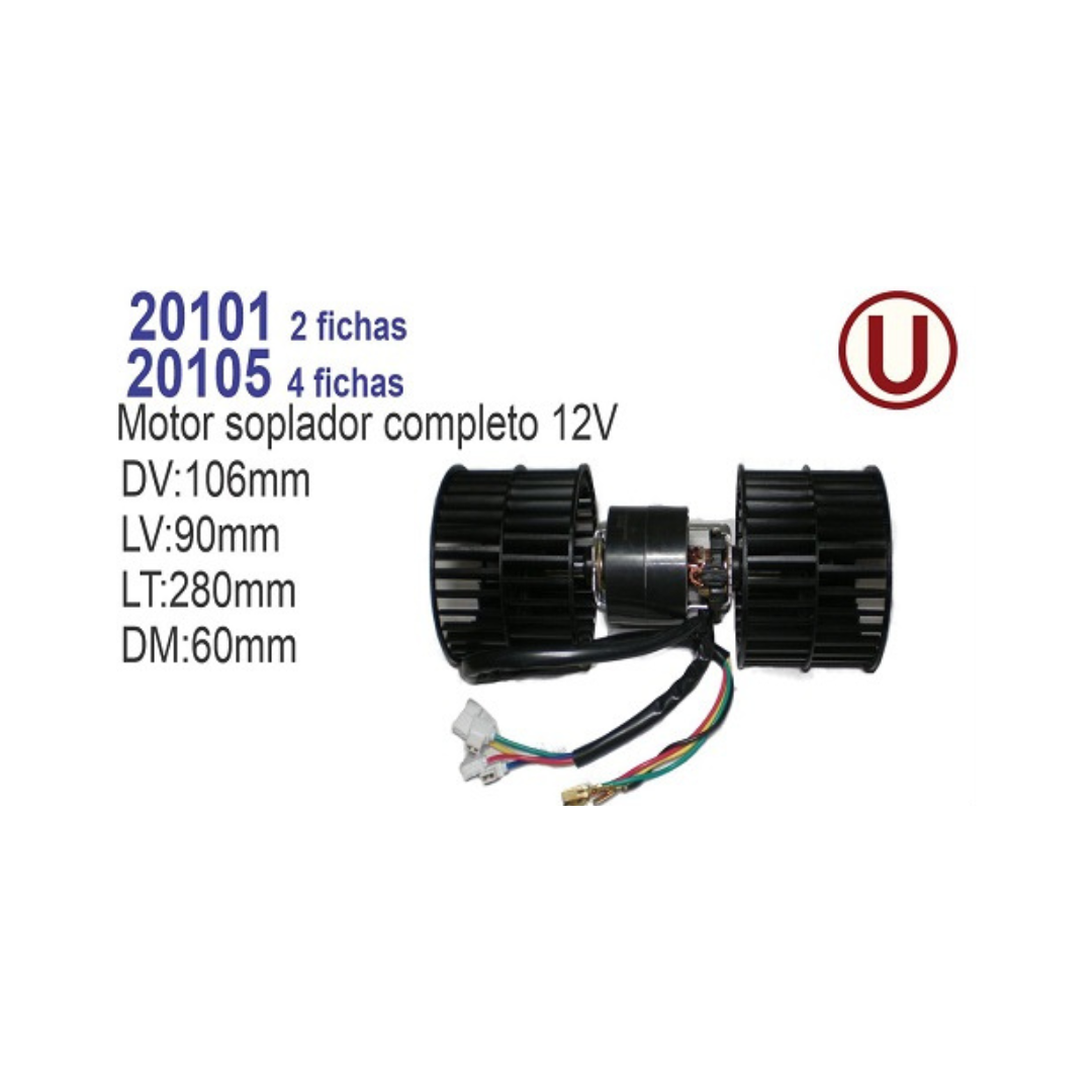 MOTOR SOPLADOR COMPLETO 12V UNIVERSAL REFORZADO CON TURBINAS  DM 62MM DT 105MM LT 90MM